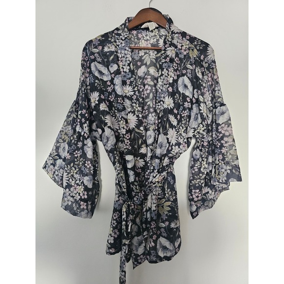 LC Lauren Conrad Other - Boho LC Lauren Conrad Floral Robe Womens M Black Sheer Tiered Bell Sleeve Kimono
